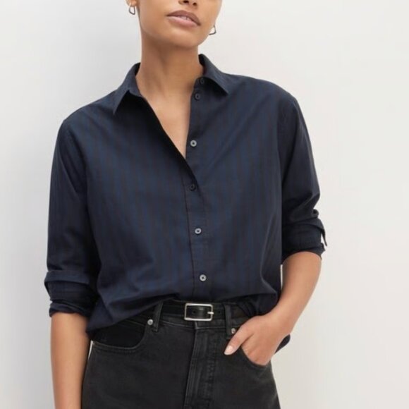 Everlane The Must-Have Shirt in Silky Cotton Navy Black Striped Relaxed Fit - Picture 1 of 14